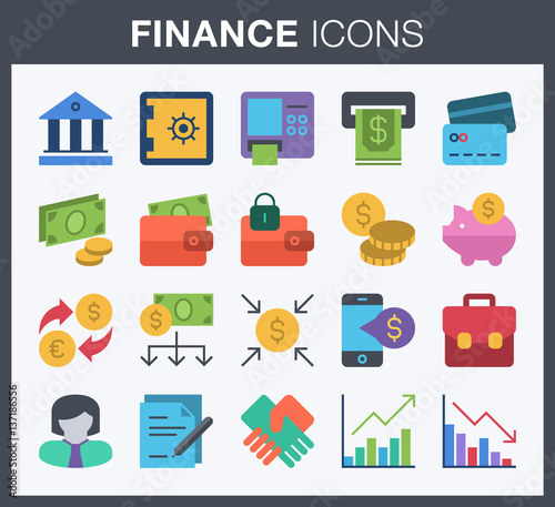 Set of flat style finance and banking icons. 