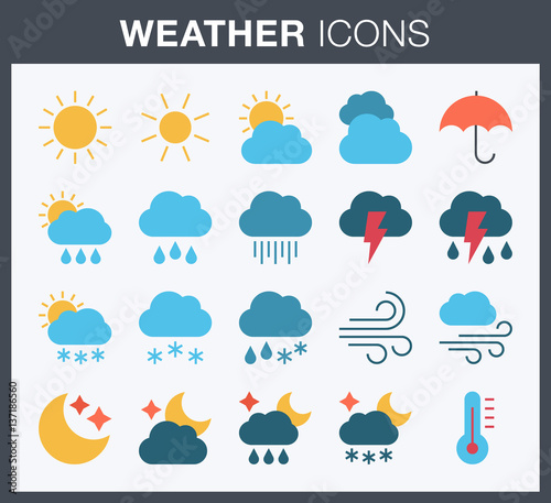 Set of flat style weather icons. 