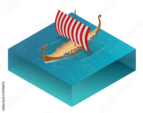 Viking drakkar. Sailing ship floating on the sea waves. Hand drawn design element. Vintage vector engraving illustration for poster, label, postmark. Isolated on blue background.