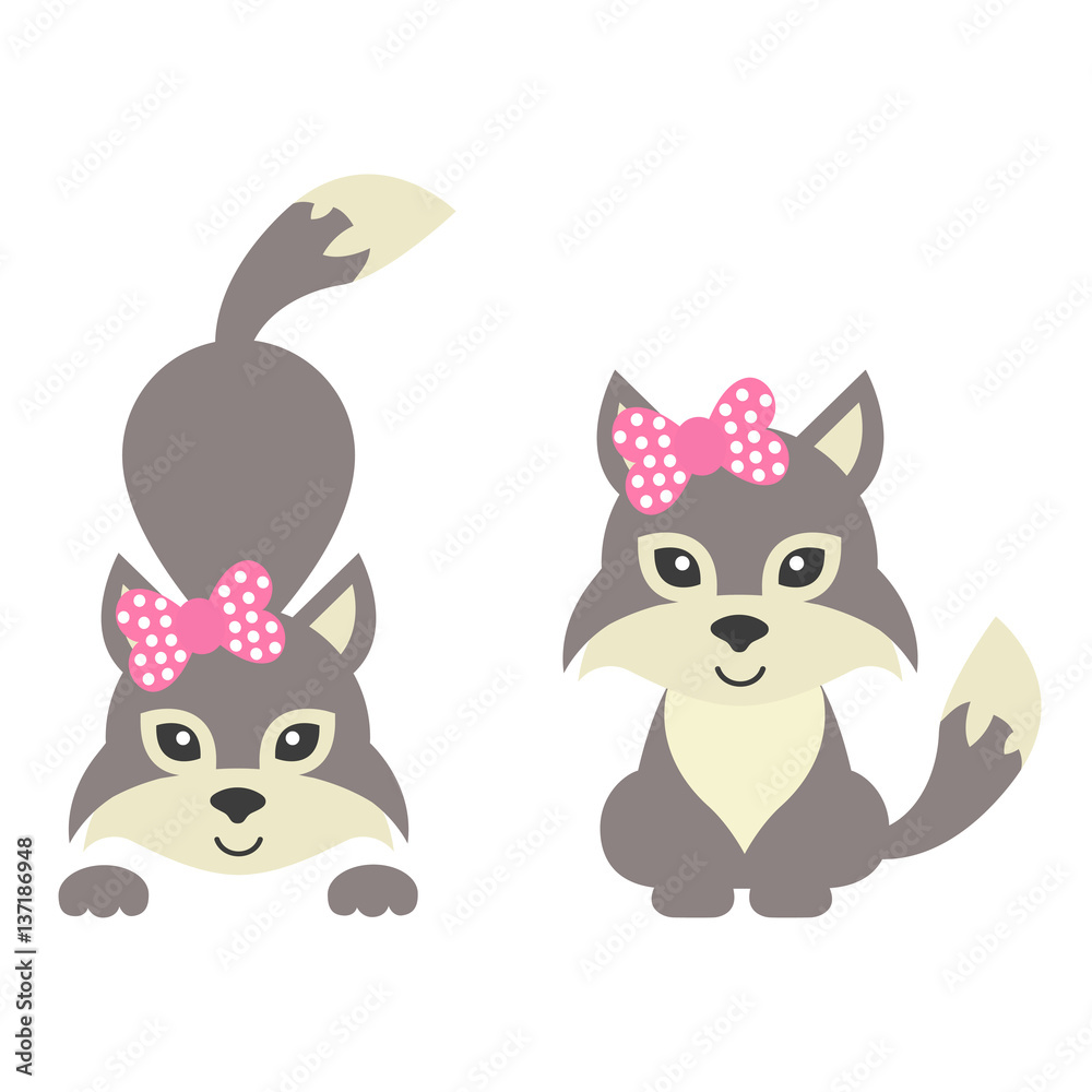 Obraz premium cartoon wolf with bow set