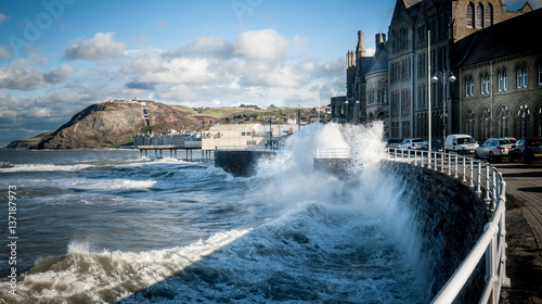 Waves hitting the seafront in Aberystwyth.