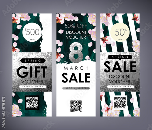 Gift certificate, Voucher, Coupon template with plum tree flowers, emerald velvet stripe pattern and shabby white gold texture. Spring inspiration vector.