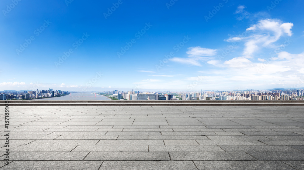 cityscape and skyline of hangzhou from empty floor