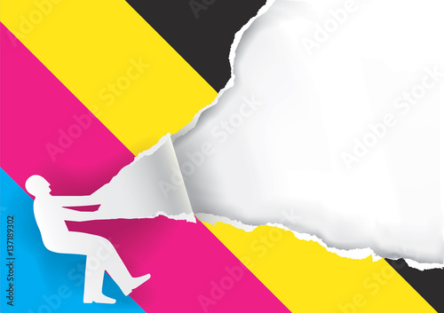 Man ripped paper background with print colors
Paper man silhouette ripping paper with print colors. Concept for presenting color printing. Vector available.
