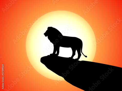 Vector black silhouette lion on rock cliff sunset