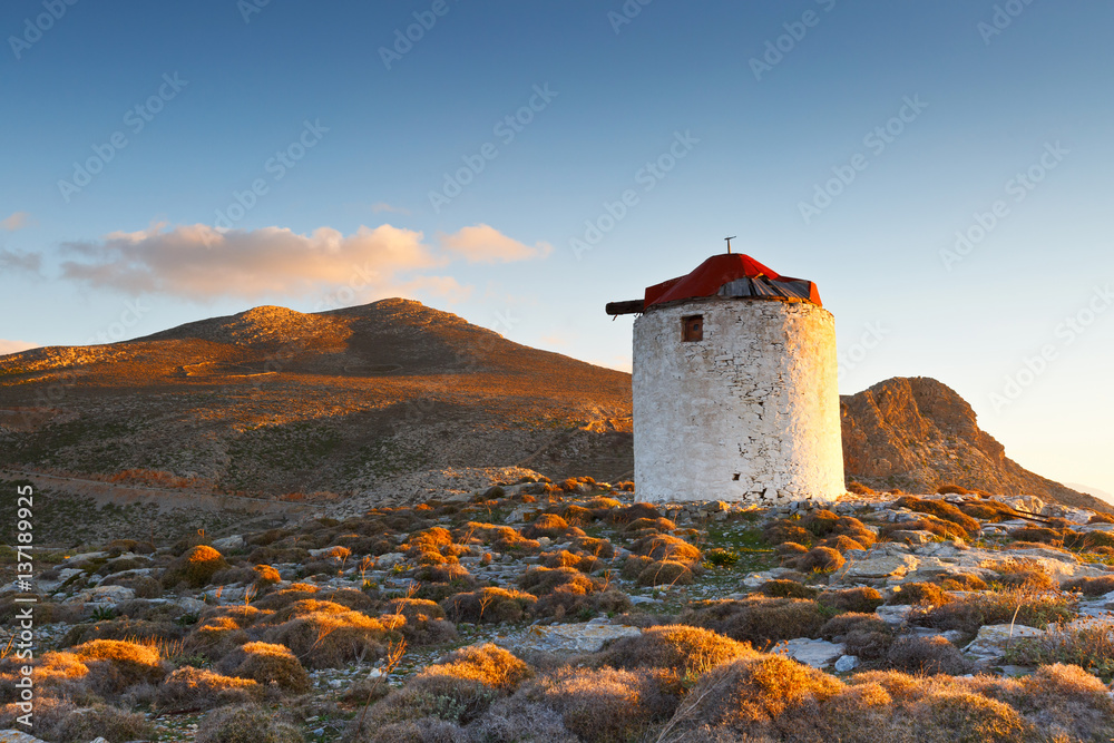 Windmill on Amorgos island early in the morning.