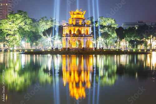 Turtle tower at night  in Hoan Kiem lake  in Hanoi, Vietnam