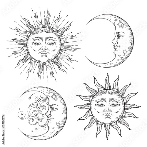 Fotografie, Obraz Boho chic flash tattoo design hand drawn art sun and crescent moon set