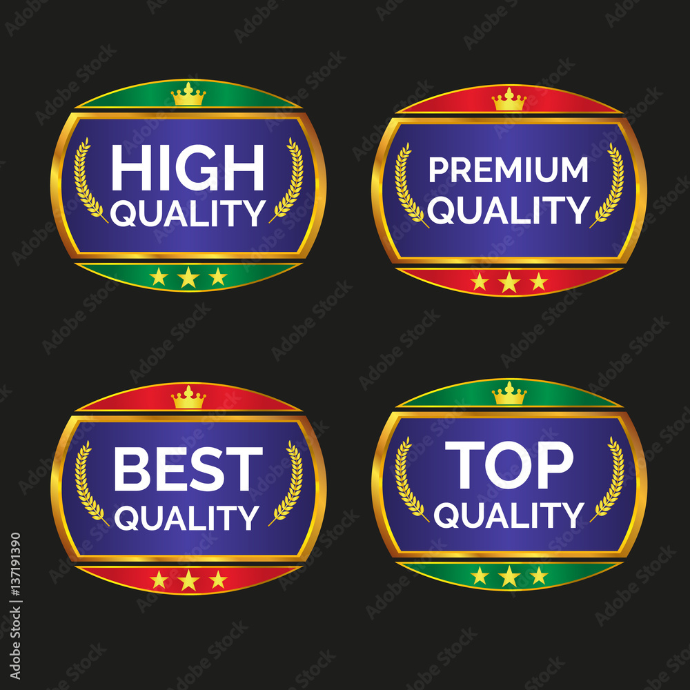 Collection of quality badges and labels.
