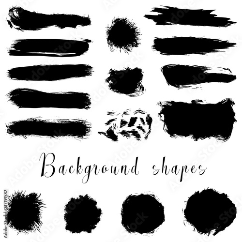 Black ink borders  brush strokes  stains  banners  blots  splatters. Vector set of hand drawn grunge elements isolated on white background. 