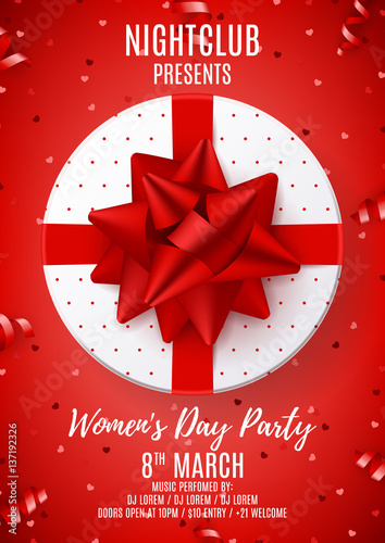 Red poster for Women's Day party. Top view on white gift box with red bow. Vector illustration with confetti and serpentine. Invitation to nightclub.