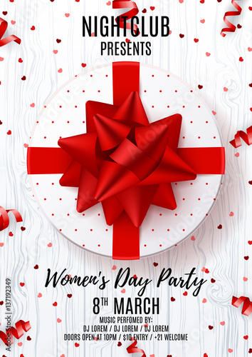 Beautiful flyer for Women's Day party. Top view on white gift box with red bow. Vector illustration with confetti and serpentine on wooden texture. Invitation to nightclub.