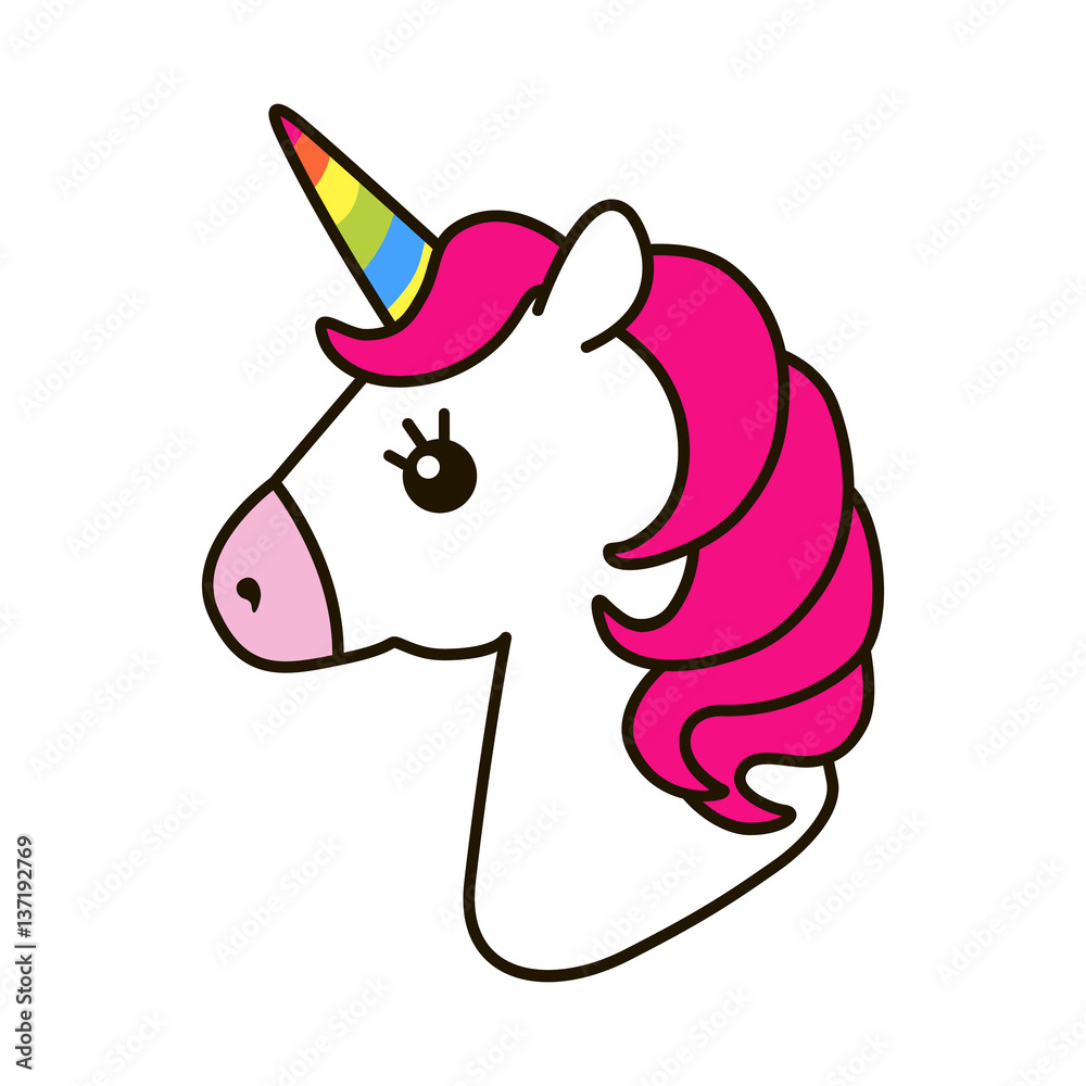 Unicorn vector icon isolated on white. Head portrait horse sticker, patch  badge. Cute magic cartoon fantasy cute animal. Rainbow horn, pink hair.  Dream symbol. Design for children Stock Vector | Adobe Stock