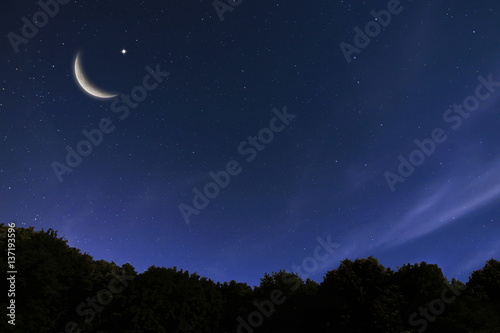 Night sky landscape and moon, stars, Ramadan Kareem celebration