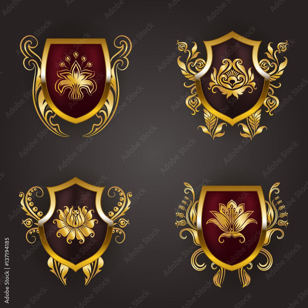 Set of golden royal shields with filigree floral elements for page, web design. Old frames, borders in vintage style for label, emblem, badge, logo, monograms. Vector illustration EPS10 Set of golden royal shields with filigree floral elements for page, web design. Old frames, borders in vintage style for label, emblem, badge, logo, monograms. Vector illustration EPS10