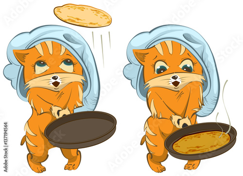 Shrovetide russian holiday. Cat cook fries pancakes