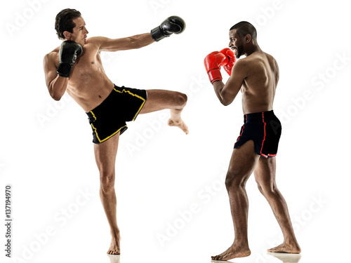 two caucasian Muay Thai kickboxing kickboxer thai boxing men isolated on white background