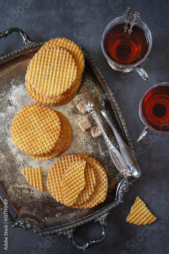 French waffles, traditional norman biscuit and two cup tea