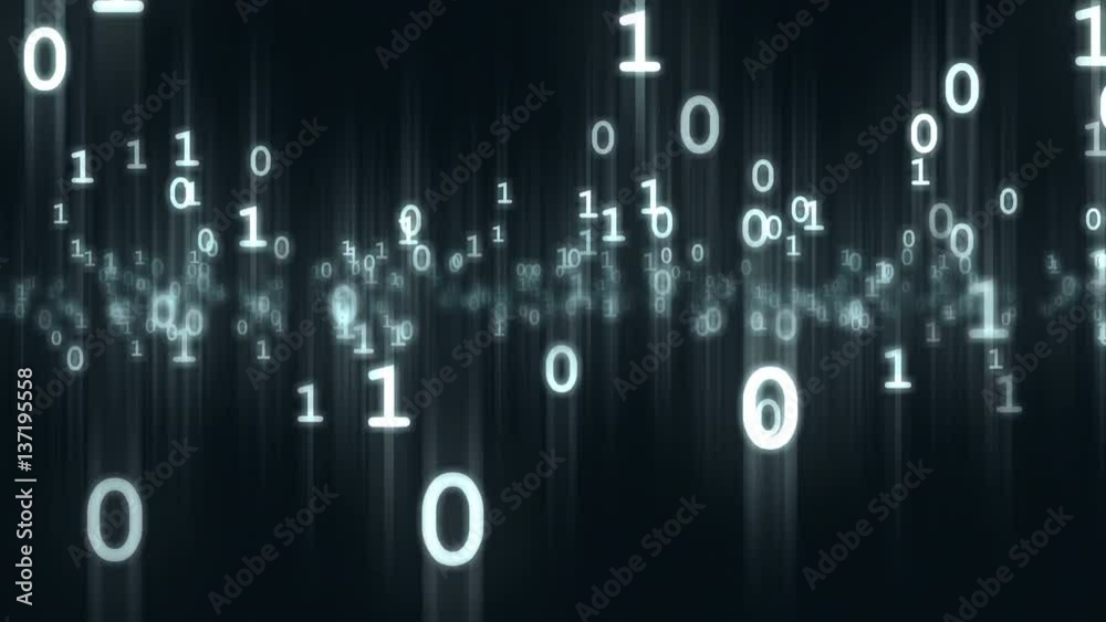 Animated computer binary bits and bytes numbers particles loop able. 3D rendering 4K