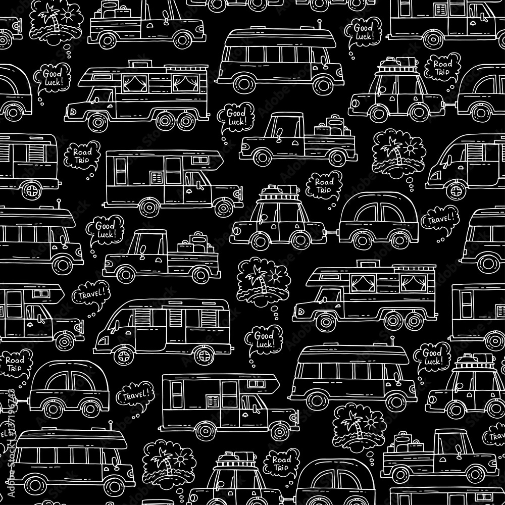 Vector seamless pattern with hand drawn isolated cars on black color. Pattern on the theme of travel and tourism, house on wheels