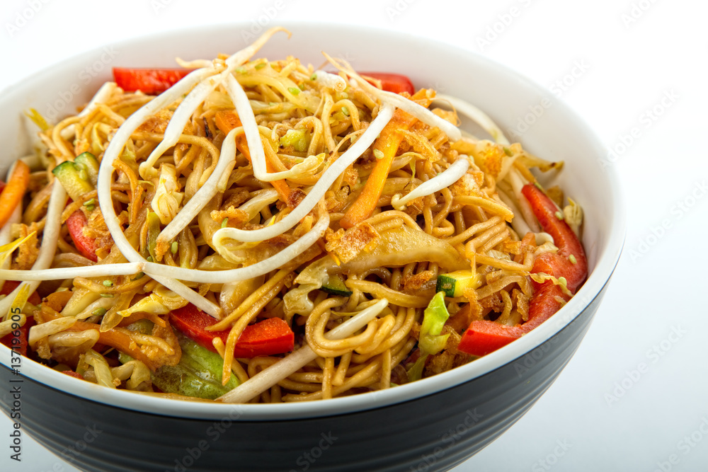 Noodles with vegetables and sprouts