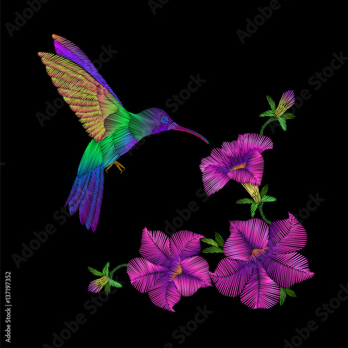 Embroidery crewel hummingbird bird flying petunia flower decoration patch print vector illustration