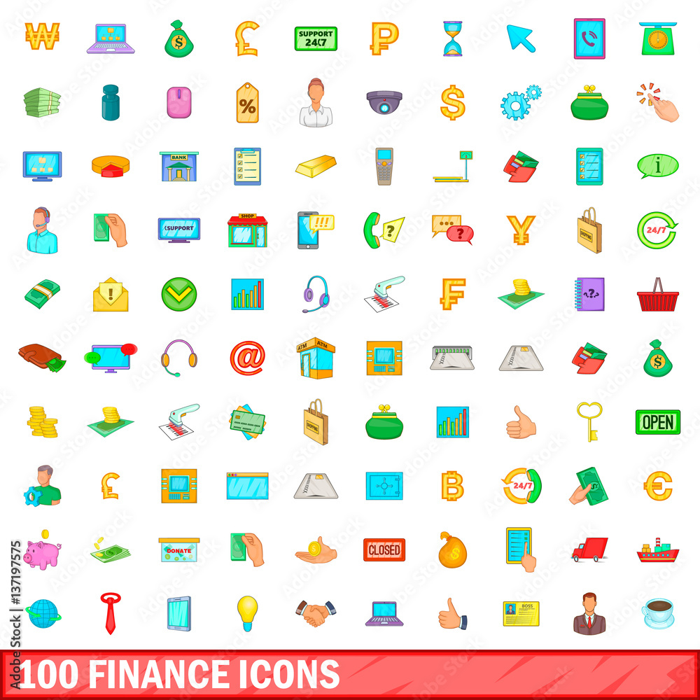 100 finance icons set, cartoon style 100 finance icons set, cartoon style