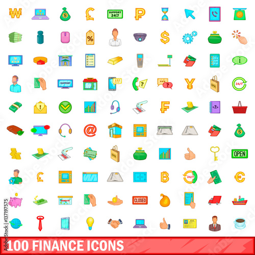100 finance icons set, cartoon style © ylivdesign