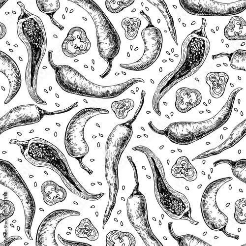 Chili Pepper hand drawn seamless pattern. Vegetable engraved style object. Isolated hot spicy mexican