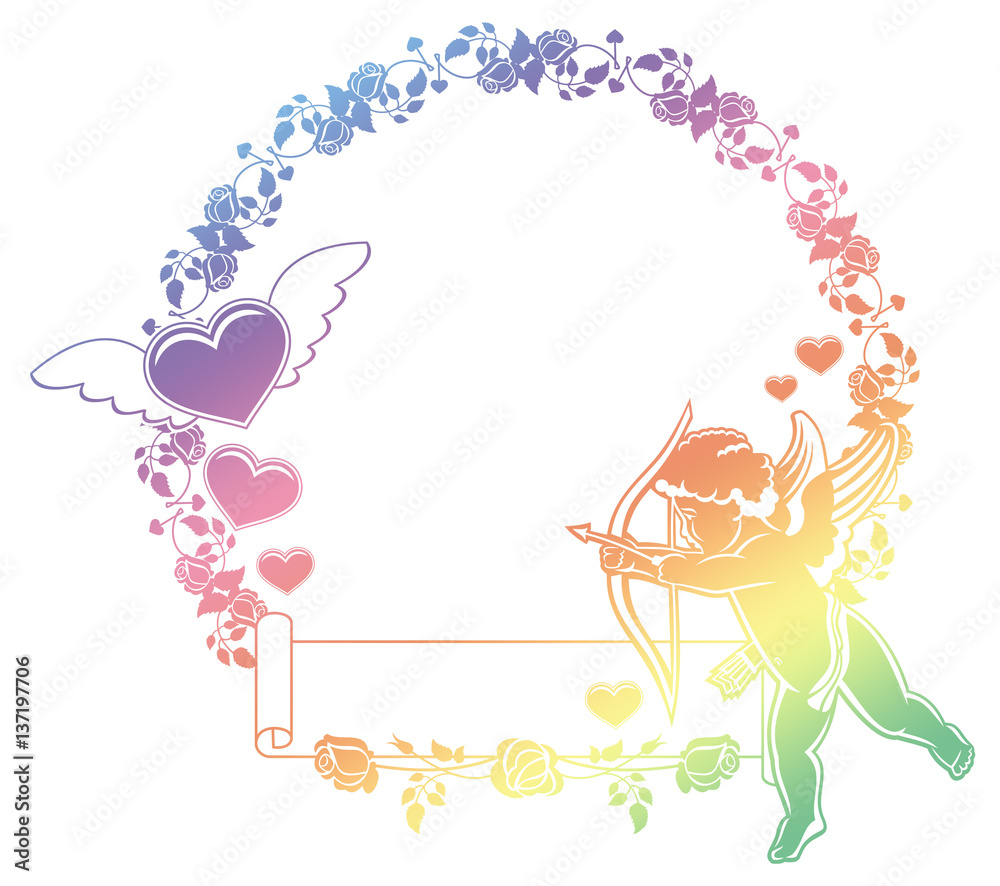 Color gradient frame with Cupid, roses and hearts. Copy space. Raster clip art.