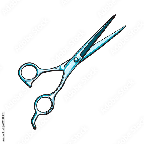 Stainless steel professional hairdresser scissors, sketch style vector illustration isolated on white background. Hair cutting, hairdresser professional scissors, tool, attribute