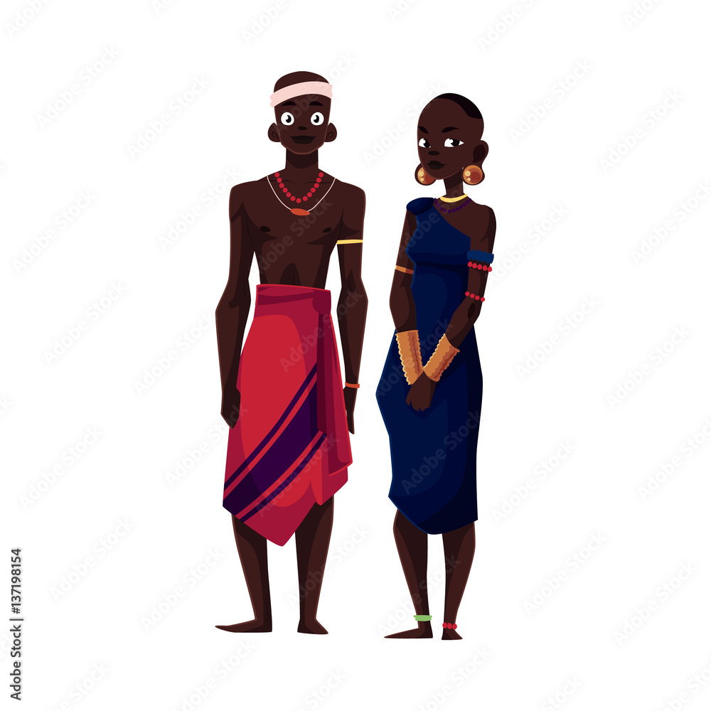 Native black aboriginal man and woman from African tribe, cartoon vector illustration isolated on white background. Couple of smiling African aborigines, full length portrait