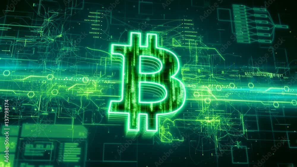 Abstract animation of bitcoin currency sign in digital cyberspace