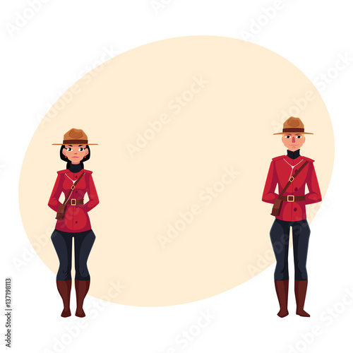 Canadian male and female policeman in traditional uniform - scarlet tunic and breeches, cartoon vector illustration with place for text. Couple of young Canadian mounted policemen