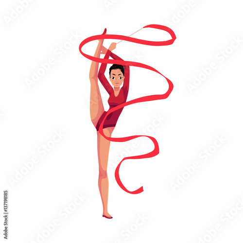 Beautiful girl in leotard standing in vertical leg split, rhythmic gymnastics with ribbon, cartoon vector illustration isolated on white background. Rhythmic gymnast exercising with ribbon
