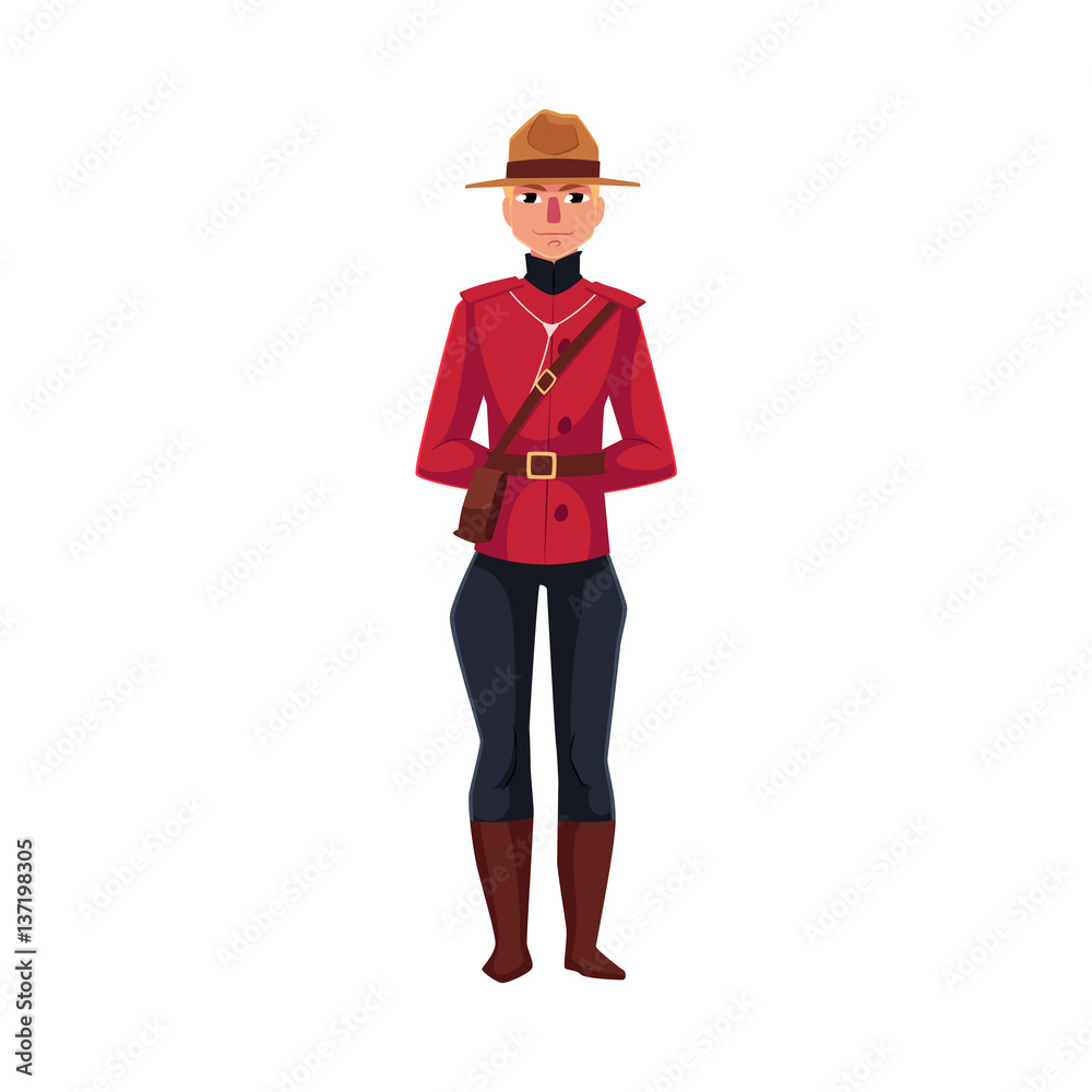 Canadian policeman in traditional uniform - scarlet tunic and breeches, cartoon vector illustration isolated on white background. Full length portrait of young Canadian mounted policemen