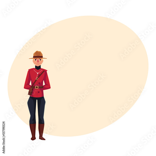 Canadian policeman in traditional uniform - scarlet tunic and breeches, cartoon vector illustration with place for text.