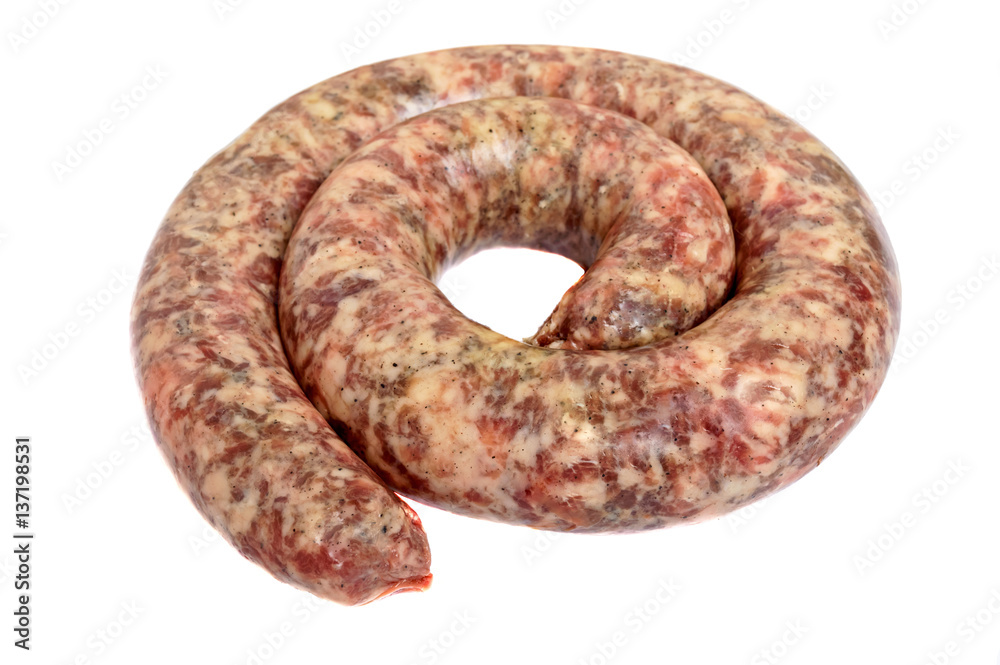 Ring of raw homemade sausages close-up isolate on a white background. Ring of raw homemade sausages close-up isolate on a white background.