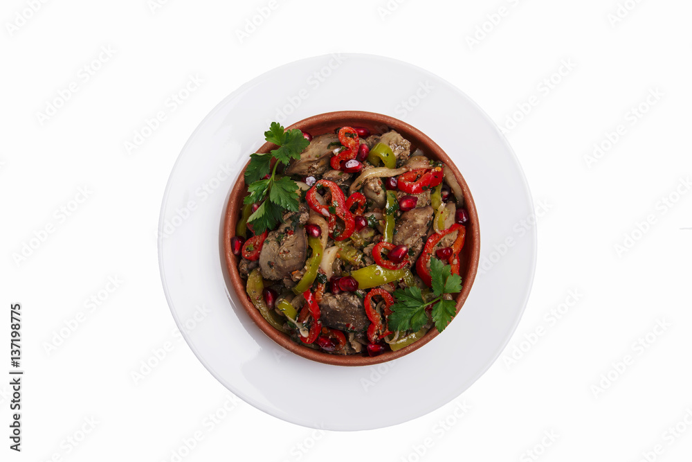 fried chicken livers traditional Georgian dish kutchmatchi white background top view