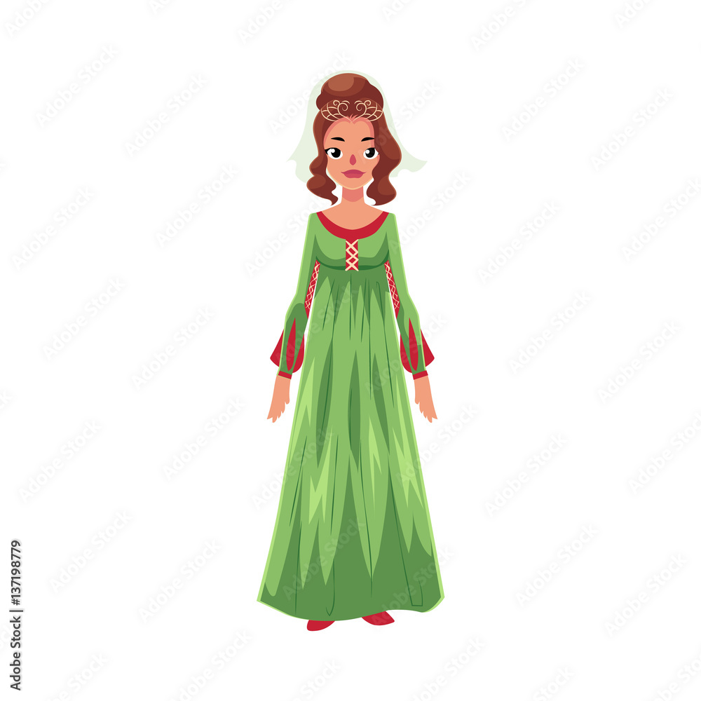 Full length portrait of Italian woman in Renaissance high waist dress,  cartoon vector illustration isolated on white background. Stock Vector |  Adobe Stock