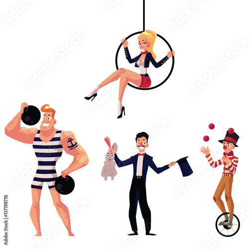 Set of circus artists - strongman, illusionist, aerial gymnast and juggler, cartoon vector illustration isolated on white background. Strongman, gymnast, illusionist and juggler circus artists