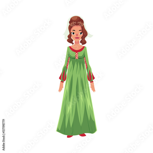 Full length portrait of Italian woman in Renaissance high waist dress, cartoon vector illustration isolated on white background.