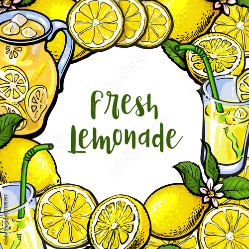 Square frame of lemons and lemonade with round place for text, sketch vector illustration on white background. Hand drawn lemons, lemonade, jar and glasses as round frame, banner, label design