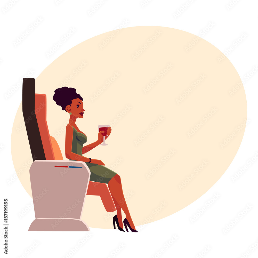 Black, African American lady, woman holding wineglass, seating in airplane  business class and drinking wine, cartoon vector on background with place  for text. Stock Vector | Adobe Stock