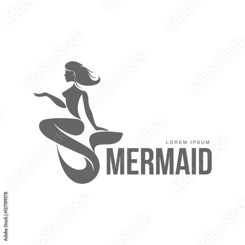 Stylized black and white graphic logo template with long haired mermaid turned profile, vector illustration isolated on white background. Black white stylized swimming mermaid logotype, logo design