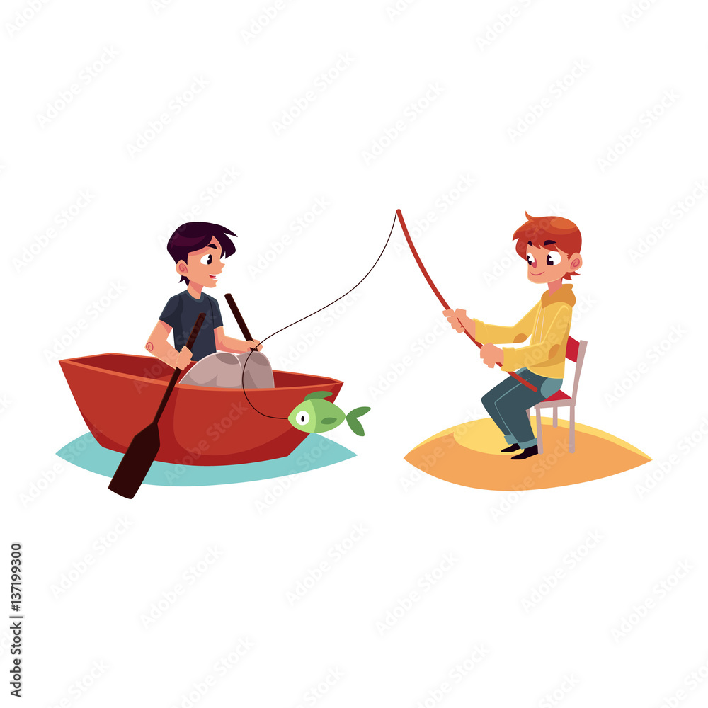 Two boys having fun in summer, one fishing, another swimming in boat, kayak, cartoon vector illustration isolated on white background.