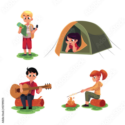 Camping kids - studying map, lying in tent, playing guitar and frying marshmallow on fire, cartoon vector illustration isolated on white background. Kids camping, tourist children set