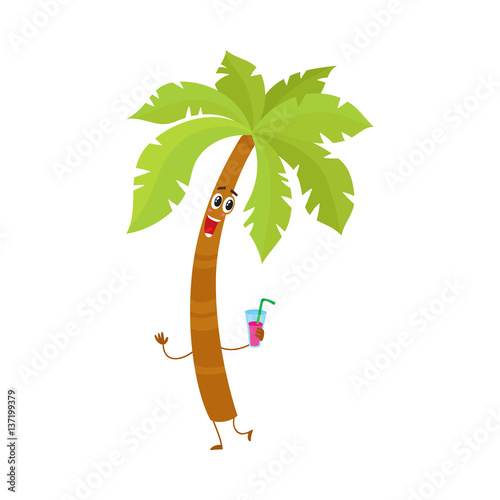 Funny tropical palm tree character holding a cocktail glass, cartoon vector illustration isolated on white background.