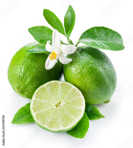 Ripe lime fruits on the white background.