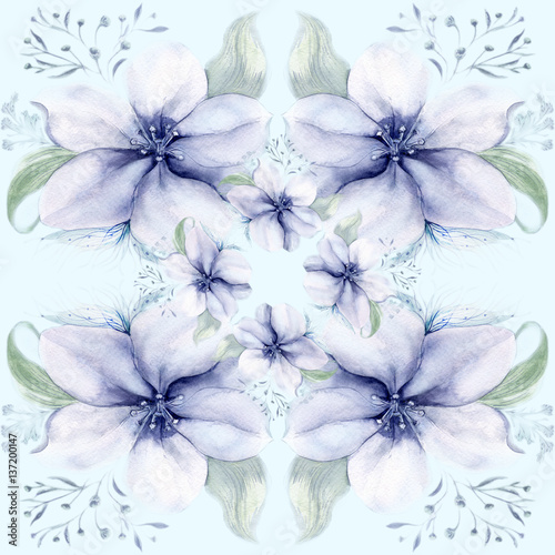 Flowers and leaves.Watercolor. Wallpaper. Seamless pattern.  Wallpaper. Use printed materials  signs  posters  postcards  packaging.